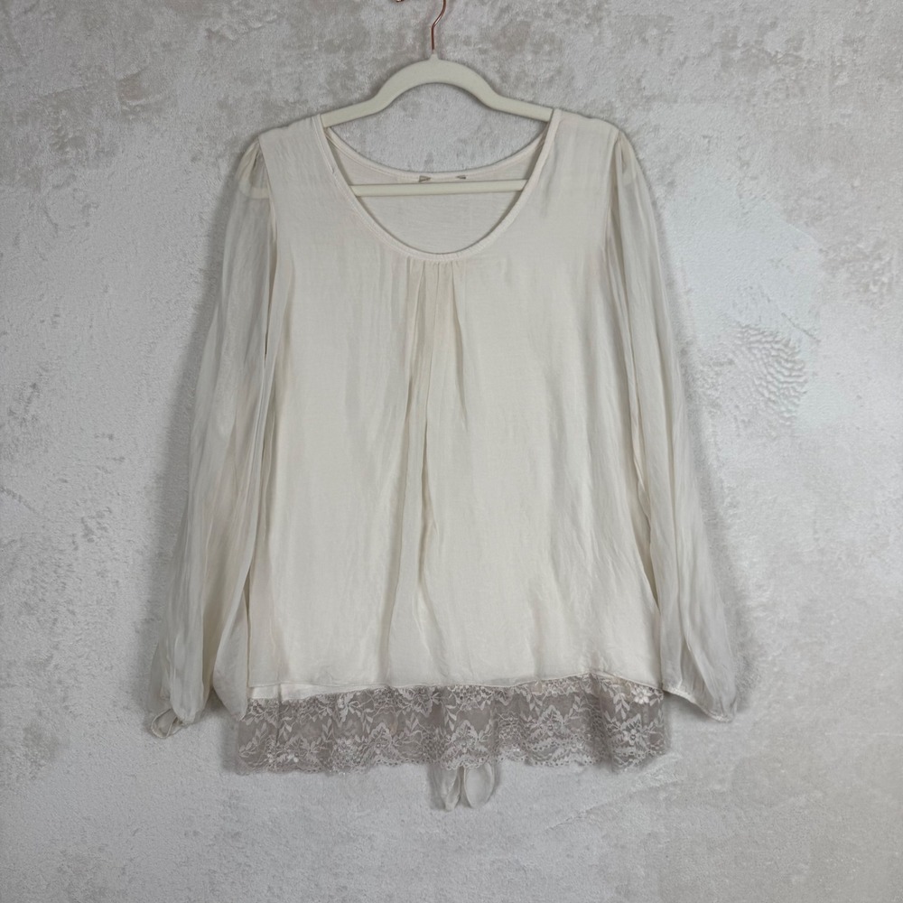 Silk Blend Lace Hem Boho Cottagecore Romantic Fairycore Whimsical Blouse Size M